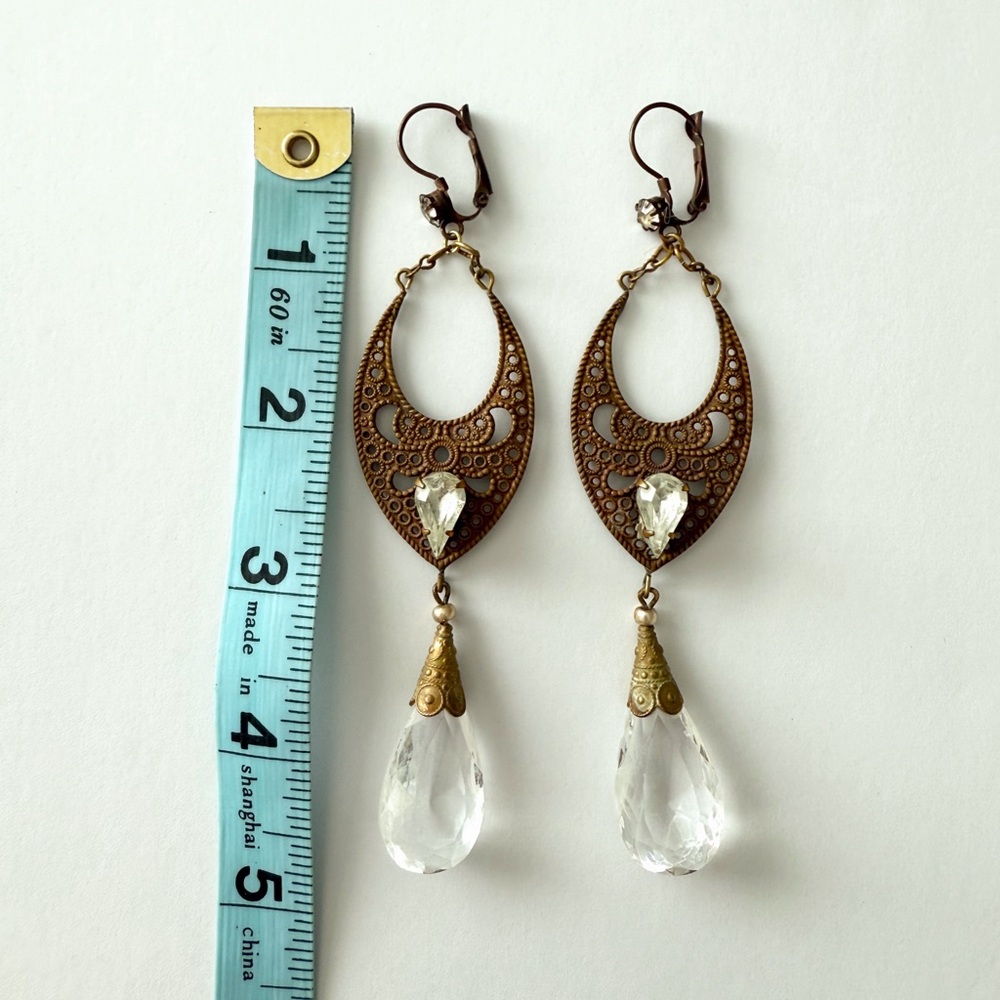 Large Vintage Czech Clear Glass Teardrop & Brass Filigree Dangle Drop Earrings - Picture 7 of 7